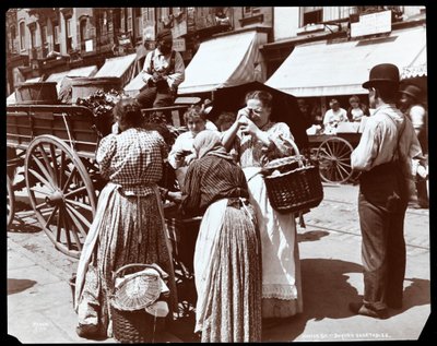 Vista de mujeres comprando vegetales e inspeccionando huevos, de un vendedor ambulante en la calle Hester, Nueva York, 1898 de Byron Company